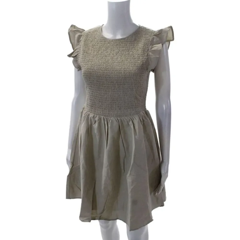 English Factory Women's Round Neck Smocked Ruffle Mini Dress Tan Size S